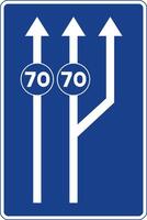 Rectangular traffic signal in blue and white, isolated on white background. Lanes reserved for traffic based on indicated speed vector
