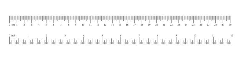 Scale with 12 inch, 30 centimeter with markup and numbers. Measuring charts of metric, imperial units. Distance, height, length measurement, sewing tool. Black template on a white background. vector