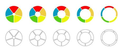 Donut charts, pies segmented on 5 equal parts. Circle section graph. Diagrams infographic multicolored collection. Wheel divided in five sections. Pie, pizza chart round icon. Loading bar. vector