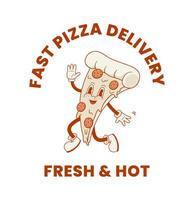 Retro cartoon pizza delivery character. Vintage pizzeria mascot vector