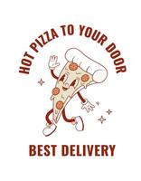 Retro cartoon pizza mascot for food delivery illustration. Vintage fastfood poster. Nostalgia 90s, 70s, 80s vector