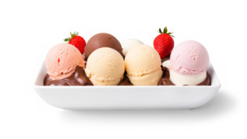 ice creams scoops that various flavor in white bowl isolated on background png