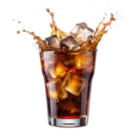 Refreshing glass of cola with ice cubes splashing out, perfect for representing a cool beverage or drink advertisement. png