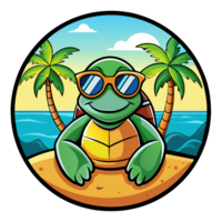 A cool cartoon turtle wearing sunglasses, relaxing on a tropical beach with palm trees and ocean in the background. png