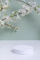 Empty podium or pedestal with spring bloom. Cosmetic products template mock up. photo