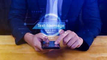 Ai tech Text to image, virtual graphic with AI, Artificial Intelligence, using command prompt for generates something, Futuristic technology transformation. photo