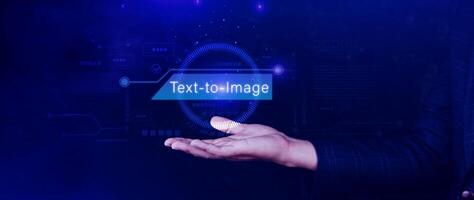 Ai tech Text to image, virtual graphic with AI, Artificial Intelligence, using command prompt for generates something, Futuristic technology transformation. photo