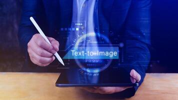 Ai tech Text to image, virtual graphic with AI, Artificial Intelligence, using command prompt for generates something, Futuristic technology transformation. photo