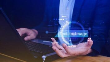 Ai tech Text to image, virtual graphic with AI, Artificial Intelligence, using command prompt for generates something, Futuristic technology transformation. photo