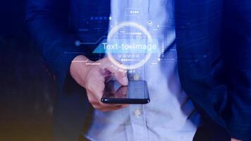 Ai tech Text to image, virtual graphic with AI, Artificial Intelligence, using command prompt for generates something, Futuristic technology transformation. photo