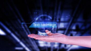 Ai tech Text to image, virtual graphic with AI, Artificial Intelligence, using command prompt for generates something, Futuristic technology transformation. photo