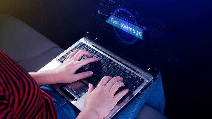 Ai tech Text to image, virtual graphic with AI, Artificial Intelligence, using command prompt for generates something, Futuristic technology transformation.