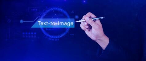 Ai tech Text to image, virtual graphic with AI, Artificial Intelligence, using command prompt for generates something, Futuristic technology transformation. photo