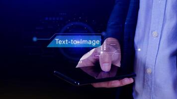 Ai tech Text to image, virtual graphic with AI, Artificial Intelligence, using command prompt for generates something, Futuristic technology transformation. photo