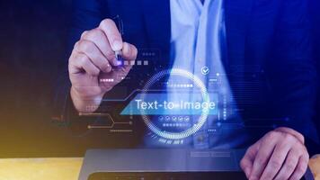 Ai tech Text to image, virtual graphic with AI, Artificial Intelligence, using command prompt for generates something, Futuristic technology transformation. photo