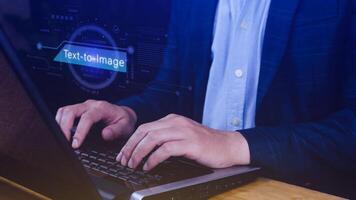 Ai tech Text to image, virtual graphic with AI, Artificial Intelligence, using command prompt for generates something, Futuristic technology transformation. photo