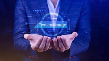 Ai tech Text to image, virtual graphic with AI, Artificial Intelligence, using command prompt for generates something, Futuristic technology transformation. photo