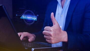 Ai tech Text to image, virtual graphic with AI, Artificial Intelligence, using command prompt for generates something, Futuristic technology transformation. photo