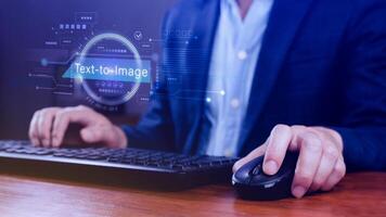 Ai tech Text to image, virtual graphic with AI, Artificial Intelligence, using command prompt for generates something, Futuristic technology transformation. photo