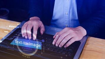 Ai tech Text to image, virtual graphic with AI, Artificial Intelligence, using command prompt for generates something, Futuristic technology transformation. photo
