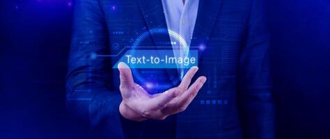 Ai tech Text to image, virtual graphic with AI, Artificial Intelligence, using command prompt for generates something, Futuristic technology transformation. photo