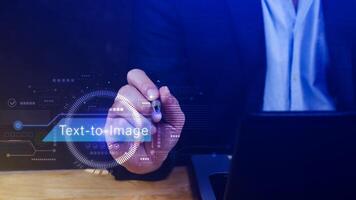 Ai tech Text to image, virtual graphic with AI, Artificial Intelligence, using command prompt for generates something, Futuristic technology transformation. photo