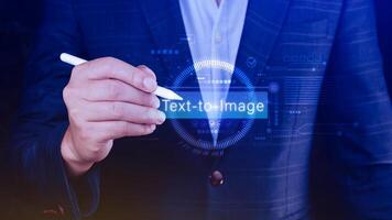 Ai tech Text to image, virtual graphic with AI, Artificial Intelligence, using command prompt for generates something, Futuristic technology transformation. photo