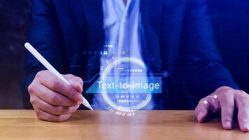 Ai tech Text to image, virtual graphic with AI, Artificial Intelligence, using command prompt for generates something, Futuristic technology transformation. photo