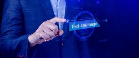 Ai tech Text to image, virtual graphic with AI, Artificial Intelligence, using command prompt for generates something, Futuristic technology transformation. photo
