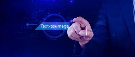 Ai tech Text to image, virtual graphic with AI, Artificial Intelligence, using command prompt for generates something, Futuristic technology transformation. photo