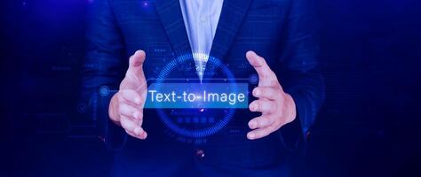 Ai tech Text to image, virtual graphic with AI, Artificial Intelligence, using command prompt for generates something, Futuristic technology transformation. photo