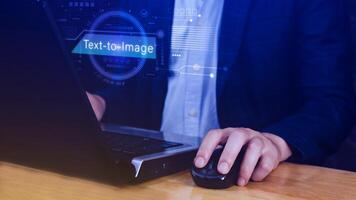 Ai tech Text to image, virtual graphic with AI, Artificial Intelligence, using command prompt for generates something, Futuristic technology transformation. photo