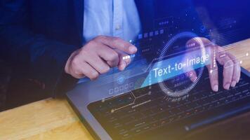 Ai tech Text to image, virtual graphic with AI, Artificial Intelligence, using command prompt for generates something, Futuristic technology transformation. photo