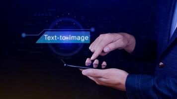 Ai tech Text to image, virtual graphic with AI, Artificial Intelligence, using command prompt for generates something, Futuristic technology transformation. photo