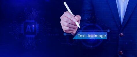 Ai tech Text to image, virtual graphic with AI, Artificial Intelligence, using command prompt for generates something, Futuristic technology transformation. photo