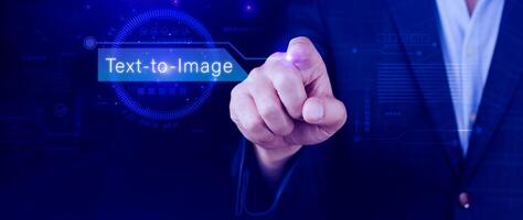 Ai tech Text to image, virtual graphic with AI, Artificial Intelligence, using command prompt for generates something, Futuristic technology transformation. photo