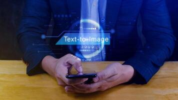 Ai tech Text to image, virtual graphic with AI, Artificial Intelligence, using command prompt for generates something, Futuristic technology transformation. photo
