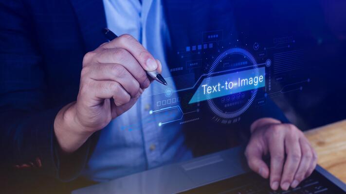 Ai tech Text to image, virtual graphic with AI, Artificial Intelligence, using command prompt for generates something, Futuristic technology transformation.