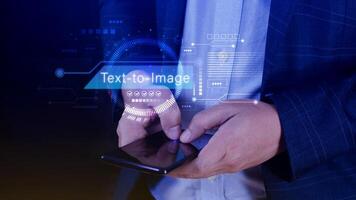 Ai tech Text to image, virtual graphic with AI, Artificial Intelligence, using command prompt for generates something, Futuristic technology transformation. photo