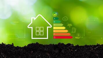 Energy efficiency concept, energy efficiency rating for energy efficient house building rate label audit, Renewable energy concept. for background. photo