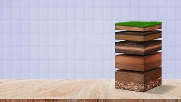 Isometric Soil Layers diagram, Cross section of green grass and underground soil layers beneath, stratum of organic, minerals, sand, clay, Isometric soil layers for background. photo