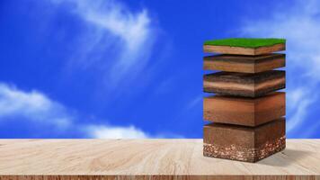 Isometric Soil Layers diagram, Cross section of green grass and underground soil layers beneath, stratum of organic, minerals, sand, clay, Isometric soil layers on nature background. photo
