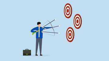 multiple purpose strategy, 4k animation of businessman aims several arrows at three targets. video
