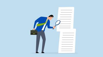 Document checking, 4k animation of businessman manager with big magnifying glass, checking document paper. video