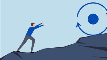 Consistency key to success, 4k animation of businessman pushes continuous circle symbol up mountain with full force. video