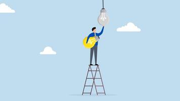 Change to new innovation, 4k animation of successful business manager climb ladder to change light bulb idea. video
