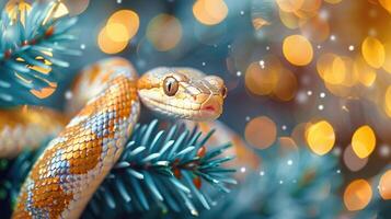 Close-up of snake on a Christmas tree branch with bokeh holiday lights in the background. Symbol of 2025, Chinese New Year. Copy space, card for congratulations on Christmas and New Year holidays 2025 photo