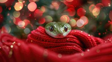 Close-up of a green snake on a wool red scarf with a Christmas tree and bokeh holiday lights in the background. Symbol of 2025, Chinese New Year. photo