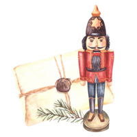 Nutcracker with old letter and spruce, fir branch. Christmas post arrangement. Red soldier, tradition Xmas toy. Watercolor hand drawn illustration for greeting, invitation card on isolated background png