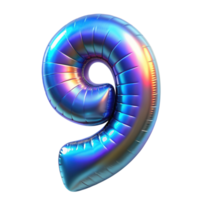 Holographic foil balloon shaped as the number 0-9. Iridescent colors on a shiny surface, perfect for celebrations, birthdays, and events. Isolated on transparent background png